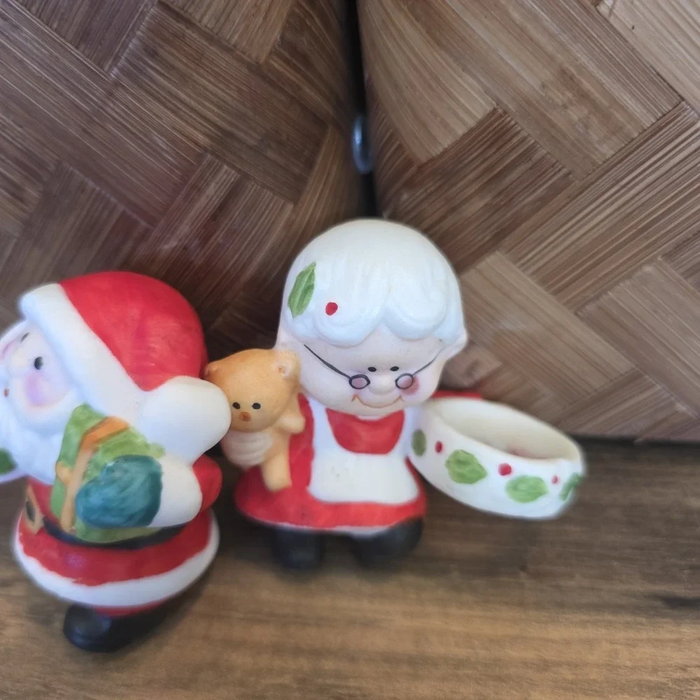 Christmas Candle Holders Santa Claus & Mrs. Claus Ceramic Holiday Decor 2.5